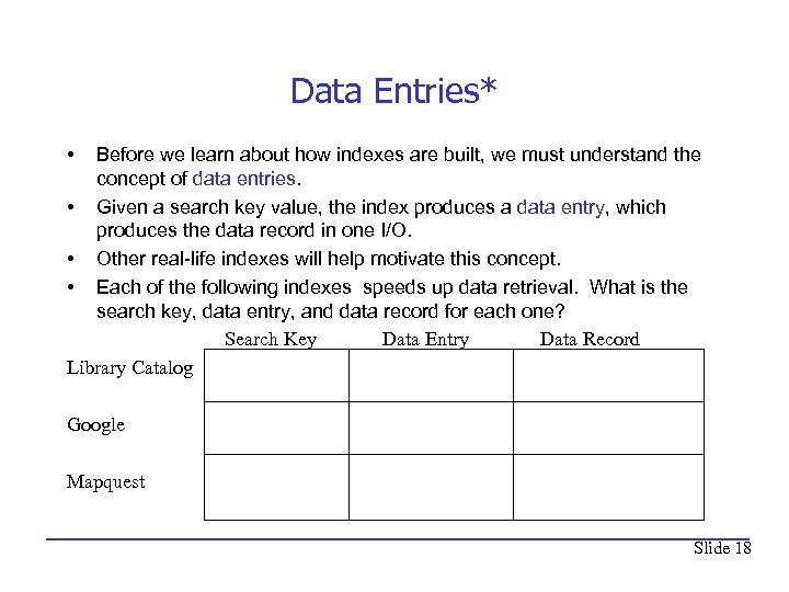 Data Entries* • Before we learn about how indexes are built, we must understand