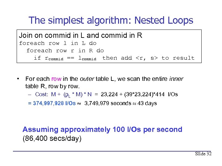 The simplest algorithm: Nested Loops Join on commid in L and commid in R