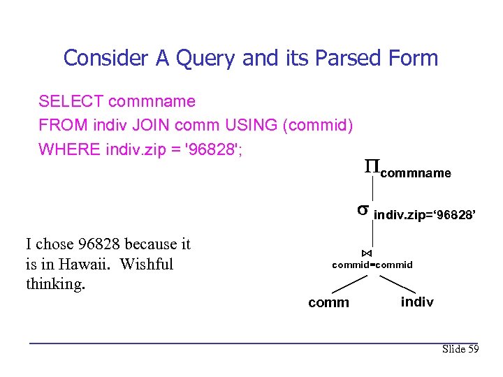 Consider A Query and its Parsed Form SELECT commname FROM indiv JOIN comm USING