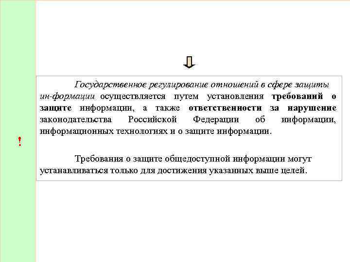 ! Государственное регулирование отношений в сфере защиты ин формации осуществляется путем установления требований о