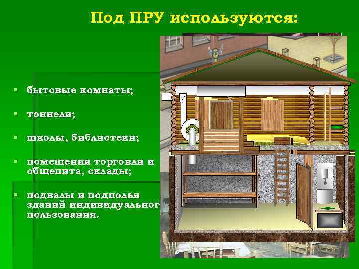 Под ПРУ используются: § бытовые комнаты; § тоннели; § школы, библиотеки; § помещения торговли