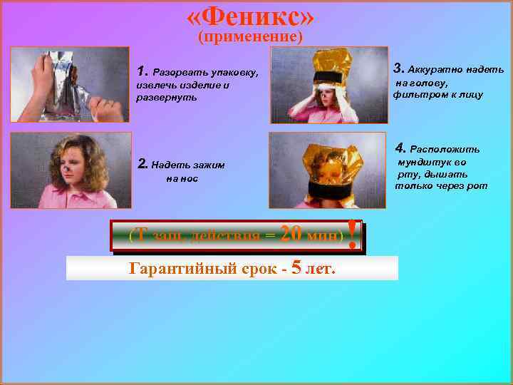  «Феникс» (применение) 3. Аккуратно надеть 1. Разорвать упаковку, на голову, фильтром к лицу