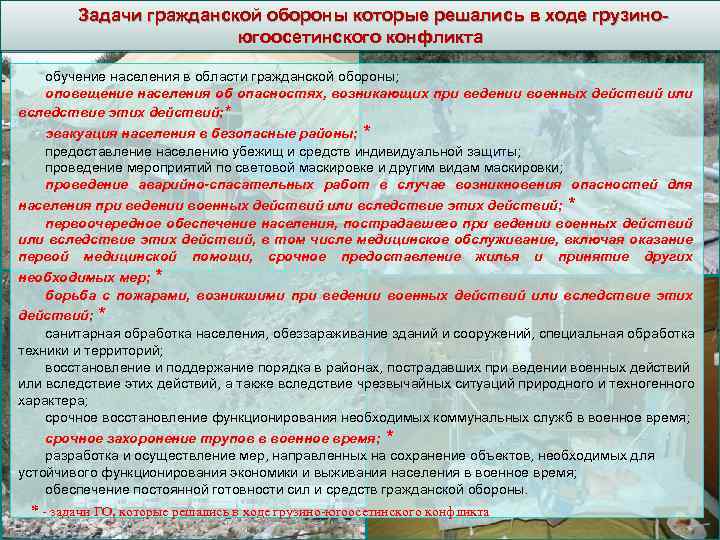 Задачи гражданской обороны которые решались в ходе грузиноюгоосетинского конфликта обучение населения в области гражданской