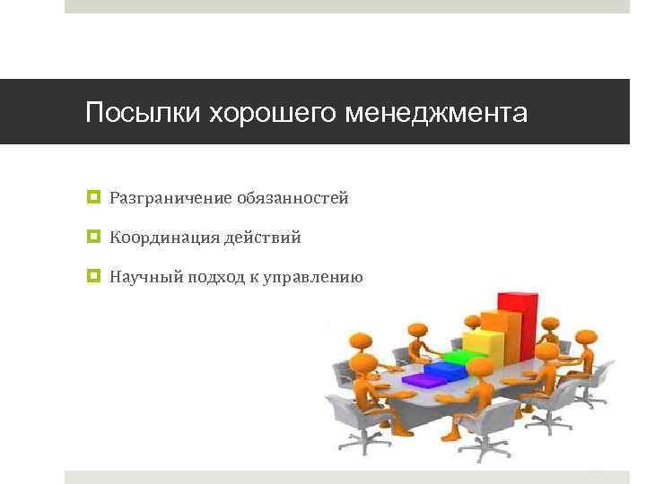 Посылки хорошего менеджмента Разграничение обязанностей Координация действий Научный подход к управлению 