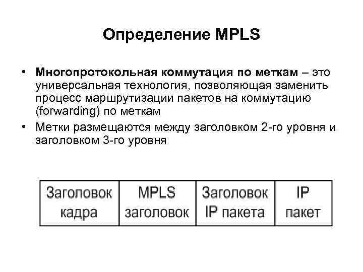 Определение MPLS • Многопротокольная коммутация по меткам – это универсальная технология, позволяющая заменить процесс