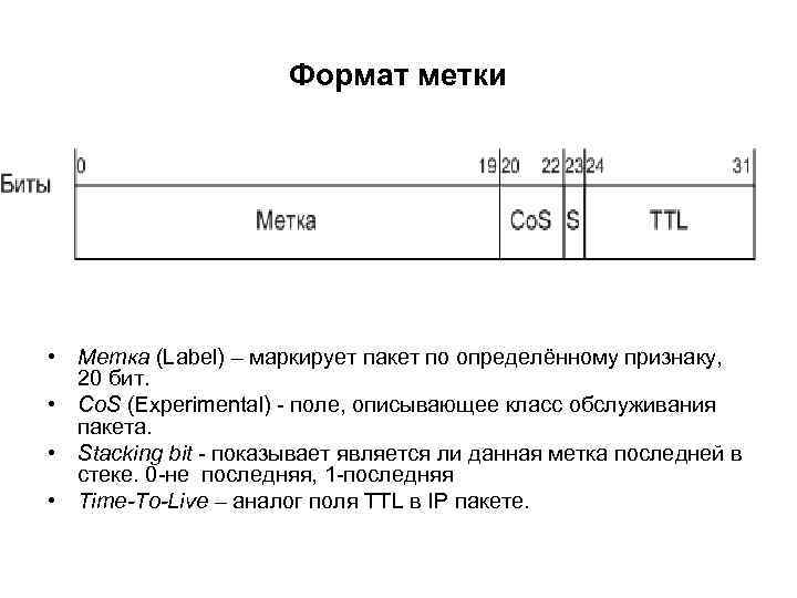 Формат метки • Метка (Label) – маркирует пакет по определённому признаку, 20 бит. •