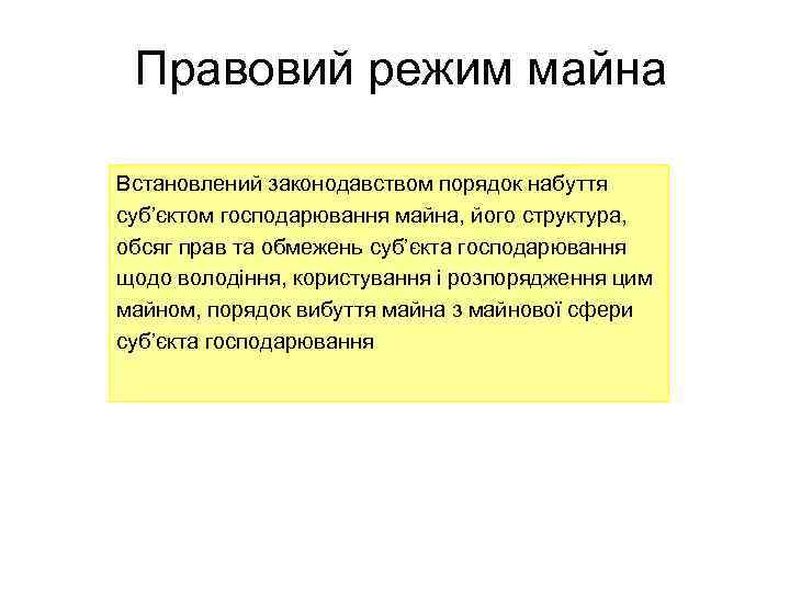 Правовий режим майна Встановлений законодавством порядок набуття суб’єктом господарювання майна, його структура, обсяг прав