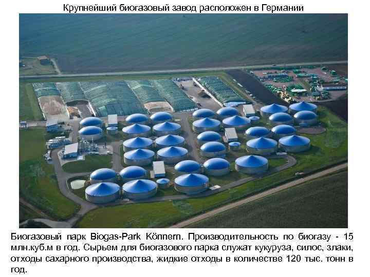 Крупнейший биогазовый завод расположен в Германии Биогазовый парк Biogas-Park Könnern. Производительность по биогазу -