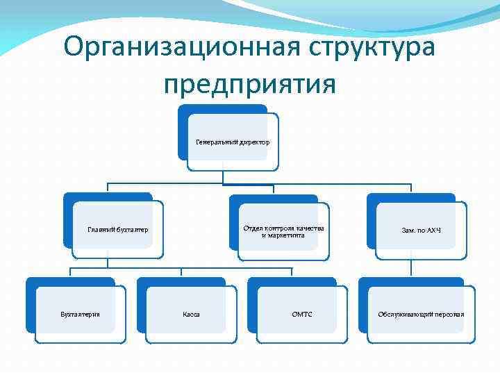 Организационная структура предприятия Генеральный директор Отдел контроля качества и маркетинга Главный бухгалтер Бухгалтерия Касса