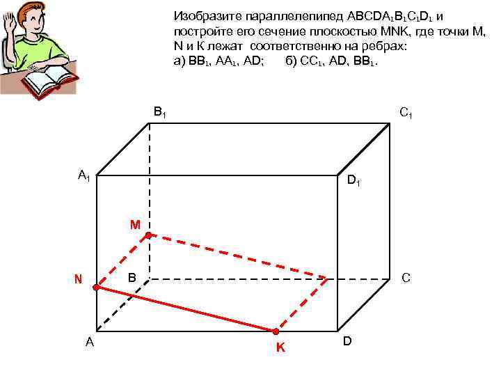 Изобразите параллелепипед ABCDA₁B₁C₁D₁ и постройте его сечение плоскостью MNK, где точки М, N и