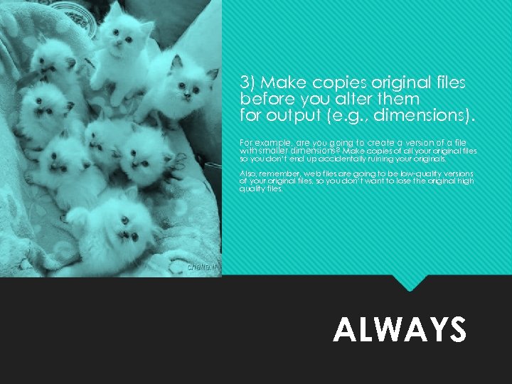 3) Make copies original files before you alter them for output (e. g. ,