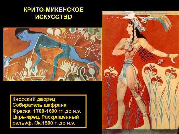КРИТО-МИКЕНСКОЕ ИСКУССТВО Кносский дворец Собиратель шафрана. Фреска. 1700 -1600 гг. до н. э. Царь-жрец.