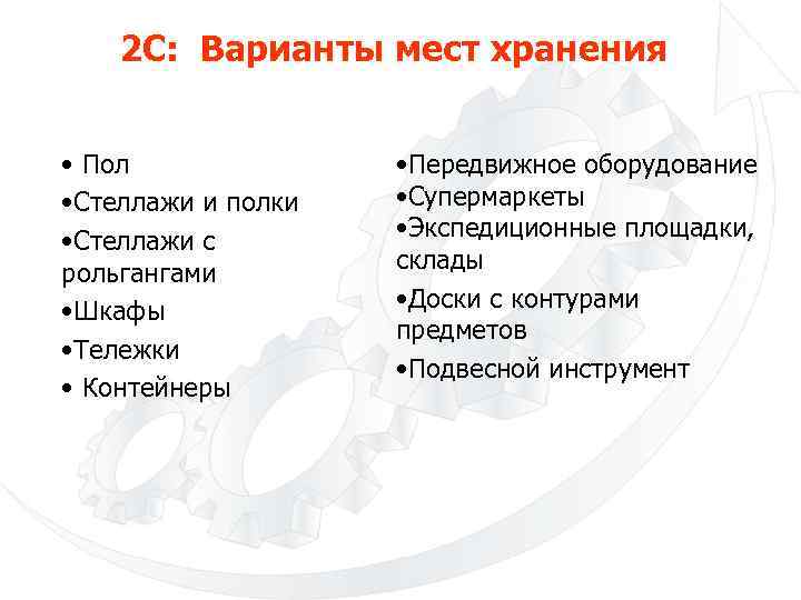 2 С: Варианты мест хранения • Пол • Стеллажи и полки • Стеллажи с