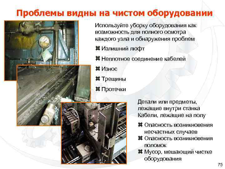Проблемы видны на чистом оборудовании Используйте уборку оборудования как возможность для полного осмотра каждого