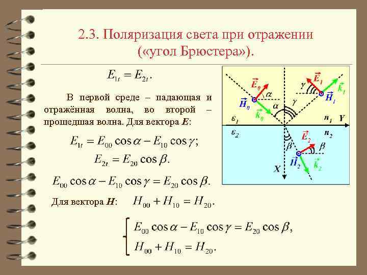 2. 3. Поляризация света при отражении ( «угол Брюстера» ). В первой среде –