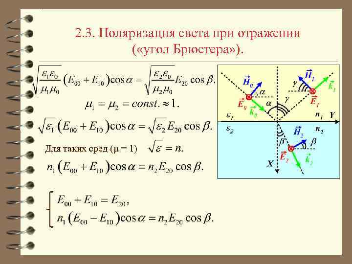 2. 3. Поляризация света при отражении ( «угол Брюстера» ). Для таких сред (μ