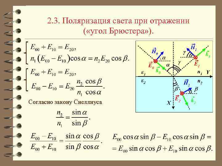 2. 3. Поляризация света при отражении ( «угол Брюстера» ). Согласно закону Снеллиуса 