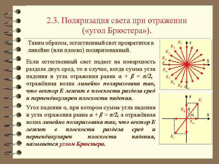 2. 3. Поляризация света при отражении ( «угол Брюстера» ). Таким образом, естественный свет