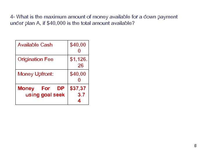 4 - What is the maximum amount of money available for a down payment