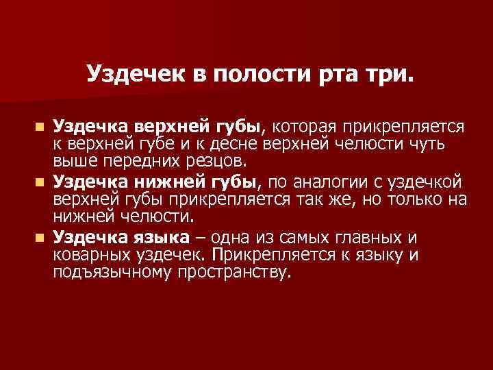 Уздечек в полости рта три. Уздечка верхней губы, которая прикрепляется к верхней губе и