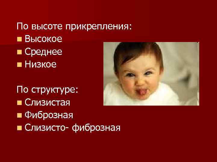 По высоте прикрепления: n Высокое n Среднее n Низкое По структуре: n Слизистая n