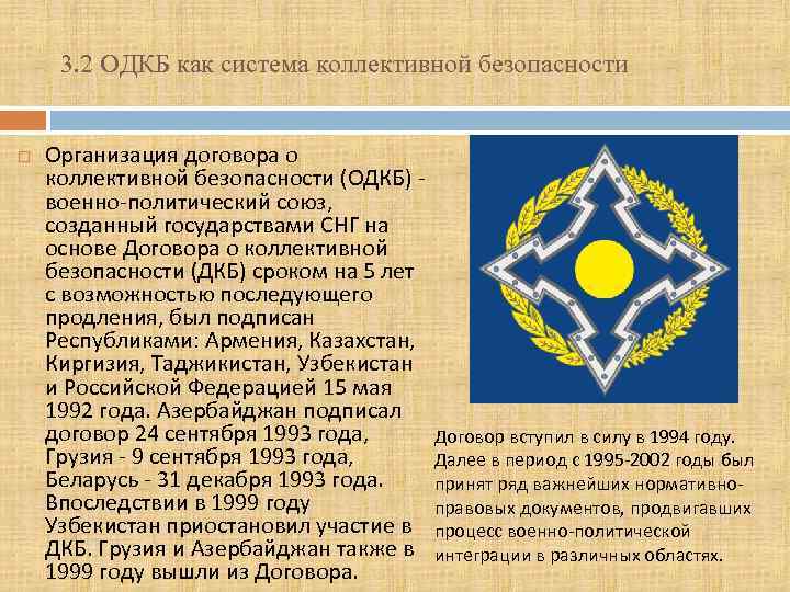 3. 2 ОДКБ как система коллективной безопасности Организация договора о коллективной безопасности (ОДКБ) -