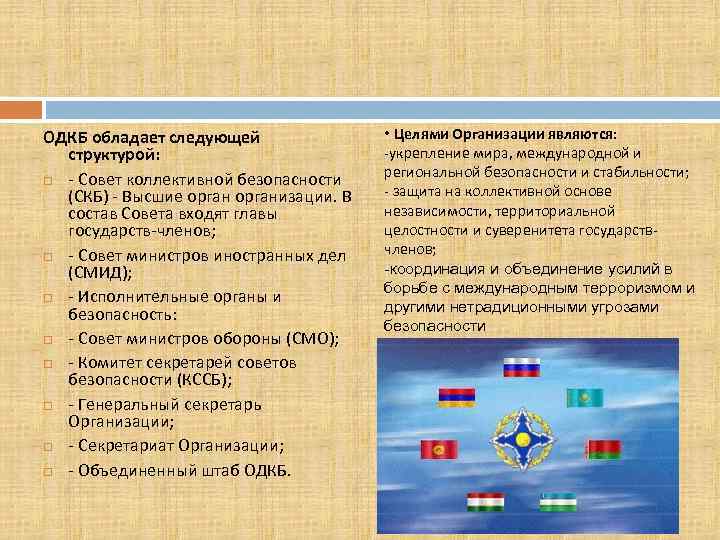 ОДКБ обладает следующей структурой: - Совет коллективной безопасности (СКБ) - Высшие организации. В состав