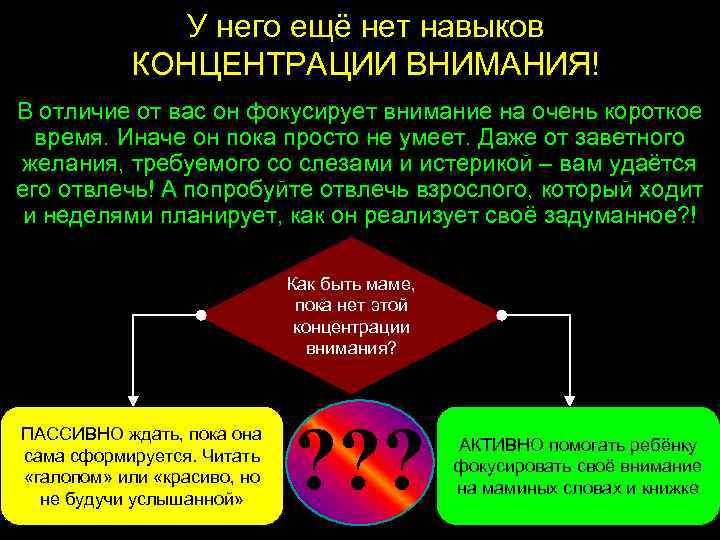 У него ещё нет навыков КОНЦЕНТРАЦИИ ВНИМАНИЯ! В отличие от вас он фокусирует внимание