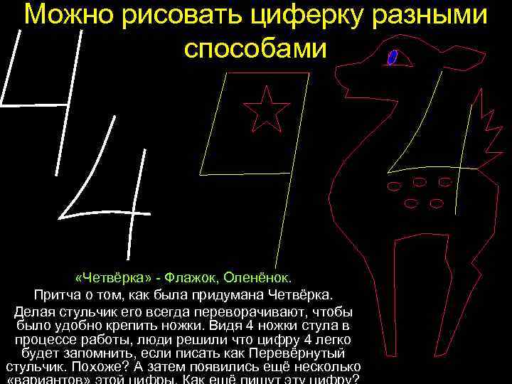 Можно рисовать циферку разными способами «Четвёрка» - Флажок, Оленёнок. Притча о том, как была