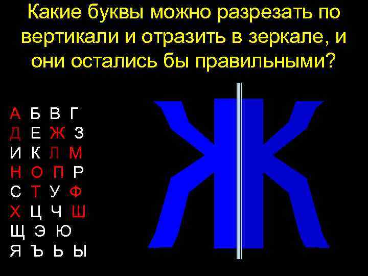 Какие буквы можно разрезать по вертикали и отразить в зеркале, и они остались бы