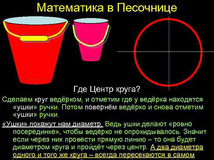 Математика в Песочнице Где Центр круга? Сделаем круг ведёрком, и отметим где у ведёрка