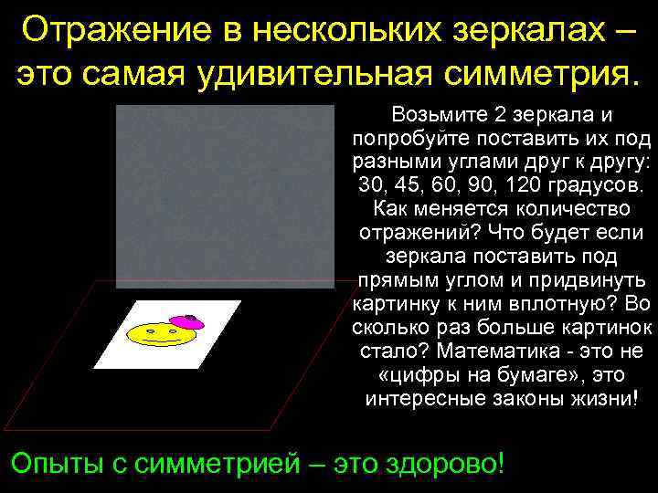 Отражение в нескольких зеркалах – это самая удивительная симметрия. Возьмите 2 зеркала и попробуйте