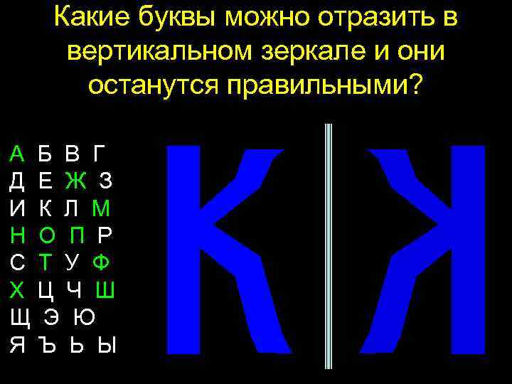 Какие буквы можно отразить в вертикальном зеркале и они останутся правильными? А Б В