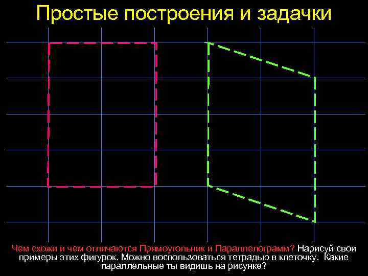 Простые построения и задачки Чем схожи и чем отличаются Прямоугольник и Параллелограмм? Нарисуй свои