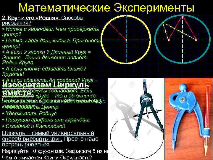 Математические Эксперименты 2. Круг и его «Родня» . Способы рисования? • Нитка и карандаш.