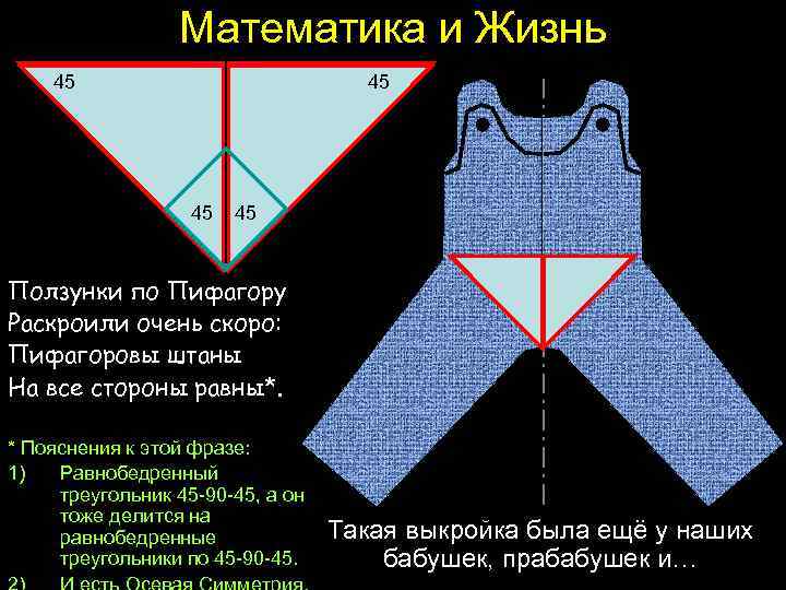 Математика и Жизнь 45 45 45 Ползунки по Пифагору Раскроили очень скоро: Пифагоровы штаны