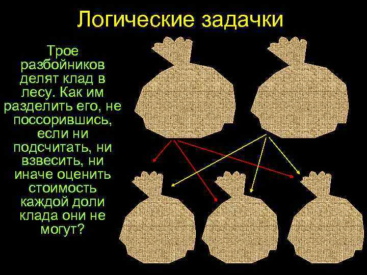 Логические задачки Трое разбойников делят клад в лесу. Как им разделить его, не поссорившись,