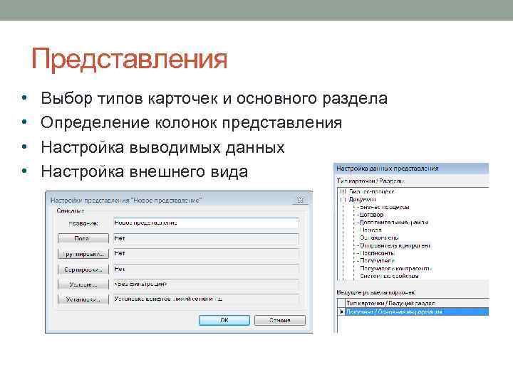 Представления • • Выбор типов карточек и основного раздела Определение колонок представления Настройка выводимых