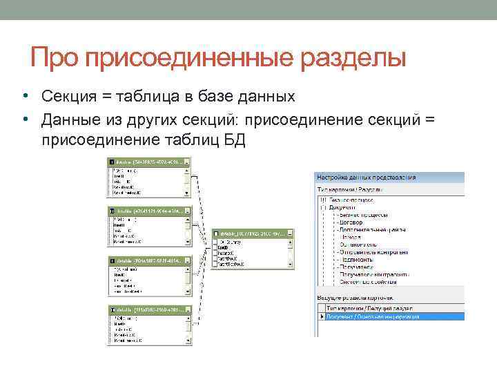 Про присоединенные разделы • Секция = таблица в базе данных • Данные из других