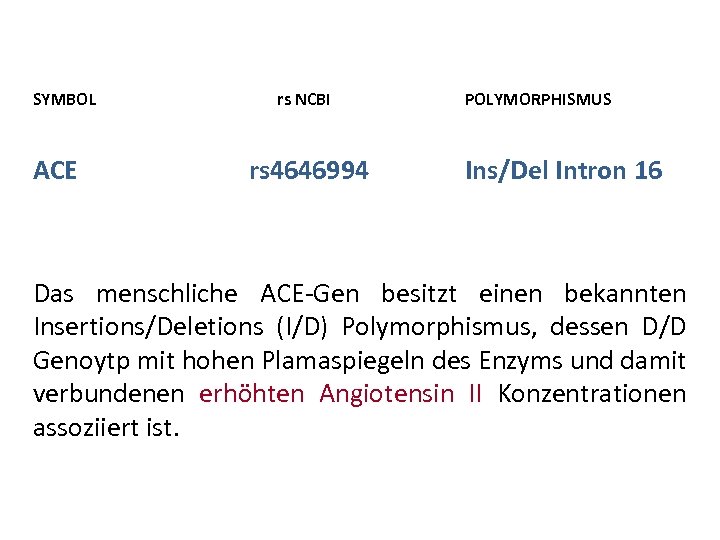 SYMBOL ACE rs NCBI rs 4646994 POLYMORPHISMUS Ins/Del Intron 16 Das menschliche ACE-Gen besitzt
