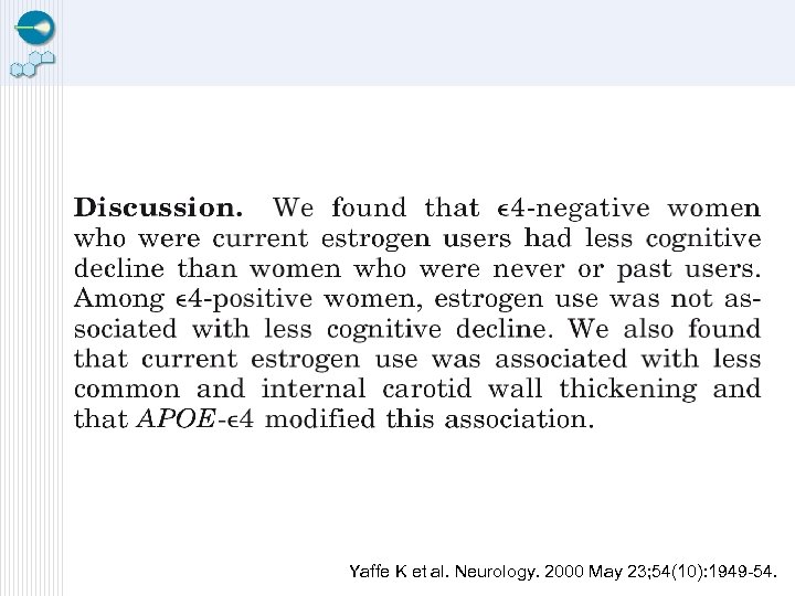 Yaffe K et al. Neurology. 2000 May 23; 54(10): 1949 -54. 