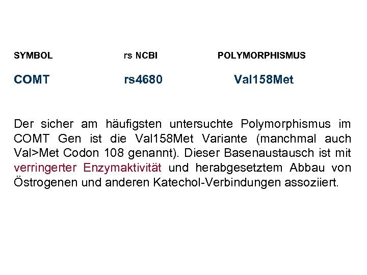 SYMBOL rs NCBI POLYMORPHISMUS COMT rs 4680 Val 158 Met Der sicher am häufigsten