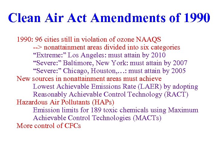 Clean Air Act Amendments of 1990: 96 cities still in violation of ozone NAAQS