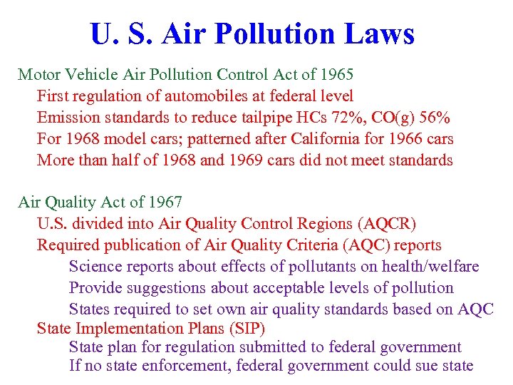 U. S. Air Pollution Laws Motor Vehicle Air Pollution Control Act of 1965 First