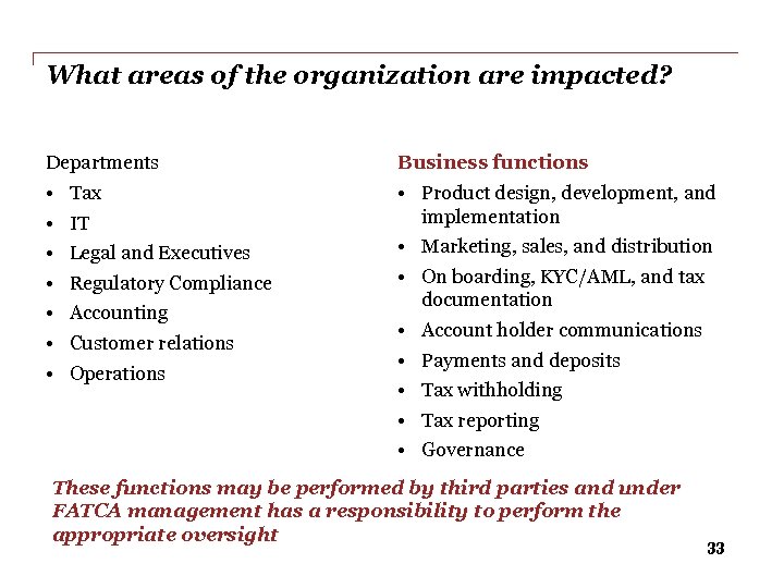 What areas of the organization are impacted? Departments Business functions • • Product design,