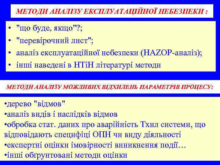 МЕТОДИ АНАЛІЗУ ЕКСПЛУАТАЦІЙНОЇ НЕБЕЗПЕКИ : • • "що буде, якщо"? ; "перевірочний лист"; аналіз