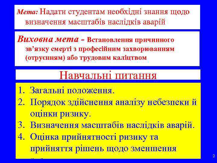 Мета: Надати студентам необхідні знання щодо визначення масштабів наслідків аварій Виховна мета - Встановлення