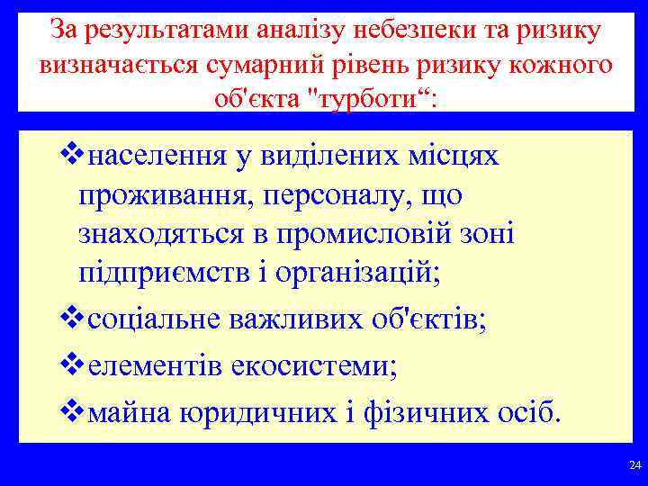 За результатами аналізу небезпеки та ризику визначається сумарний рівень ризику кожного об'єкта "турботи“: vнаселення