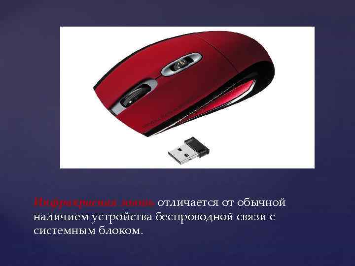 Инфракрасная мышь отличается от обычной наличием устройства беспроводной связи с системным блоком. 