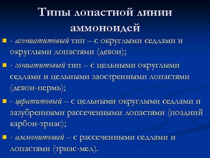 Типы лопастной линии аммоноидей - агониатитовый тип – с округлыми седлами и округлыми лопастями
